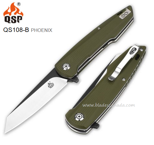 QSP Phoenix Flipper Folding Knife, D2 Black, G10 Green, QS108-B